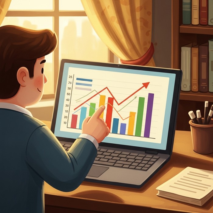 A colorful bar chart on a laptop screen showing rising and falling product sales with a manager pointing at the peak