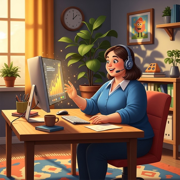 A smiling customer service agent reviewing a glowing satisfaction graph on her monitor in a bright office