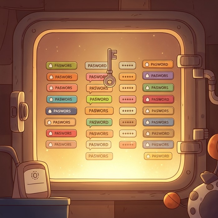 A glowing vault interface neatly organizing dozens of colorful password entries, with a single master key hovering above it