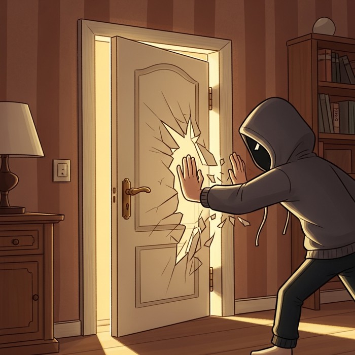 A flimsy paper-thin digital door crumbling instantly as a hooded attacker's hand pushes through with barely any effort