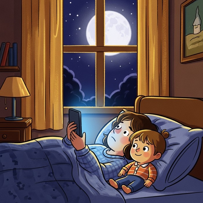 A person lying in bed at night, their face lit by cold blue light from a phone screen, wide awake with a glowing moon dimmed in the background