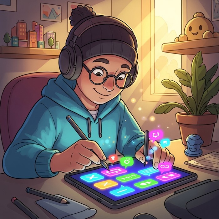 An app designer sketching glowing notification bubbles and bright colorful buttons on a digital tablet, vivid neon workspace illustration