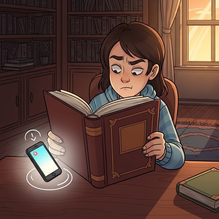A person at a desk trying to read a book while a phone vibrates and glows insistently beside them, restless expression, vivid illustration