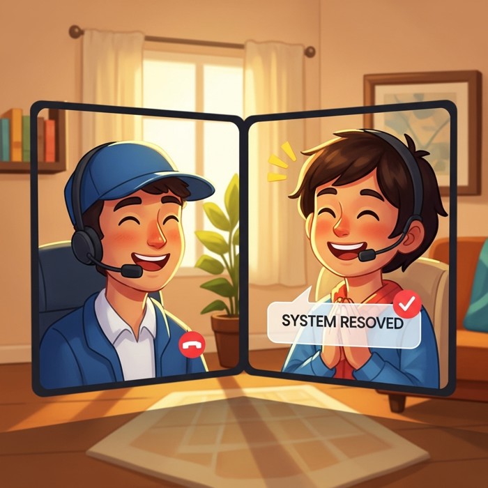A warm scene of a tech support worker and a relieved user on a video call, both smiling, with a resolved system notification visible on the screen
