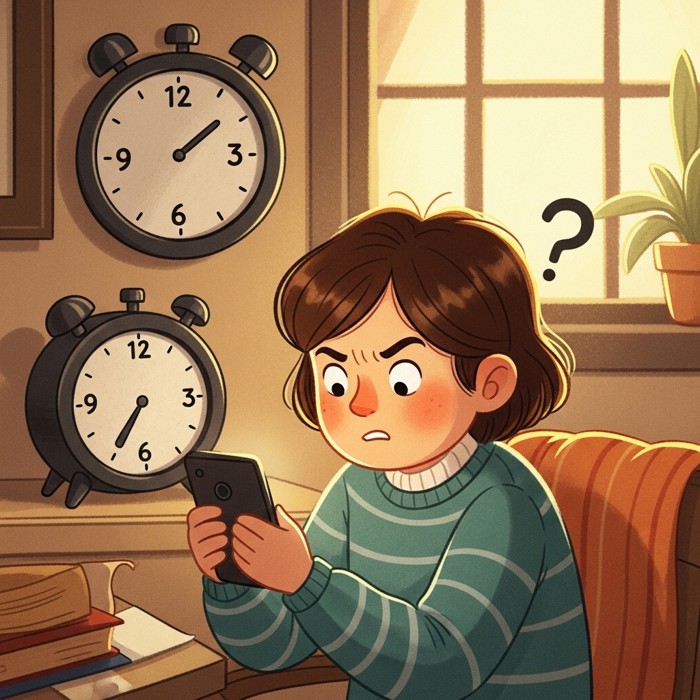 An animated-style illustration of a frustrated user staring at a phone with a confused expression while a timer rapidly counts down in the background