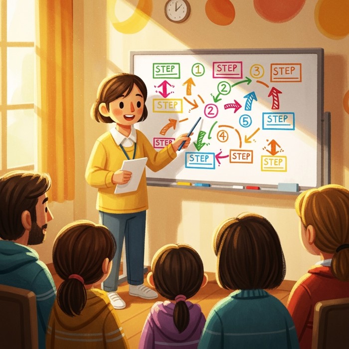 A whiteboard covered in repeated arrows and numbered steps, with a support worker pointing at the board while a small group watches attentively