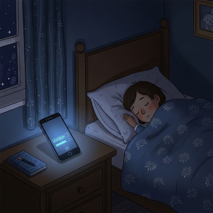 A smartphone resting on a nightstand with a soft blue glow, a progress bar filling on its screen while the room is dark and its owner sleeps peacefully