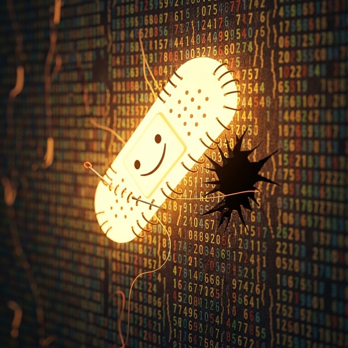 A magnified view of digital code with a bright patch being stitched over a dark hole, like a glowing bandage sealing a crack in a wall of data