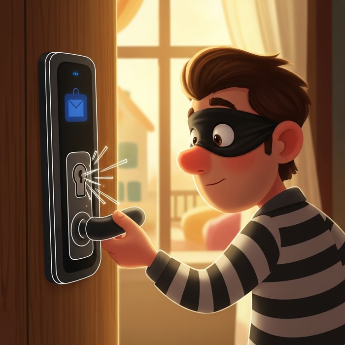 A digital door slamming shut just as a cartoon thief in a striped shirt reaches for the handle, sparks flying where the lock clicks into place