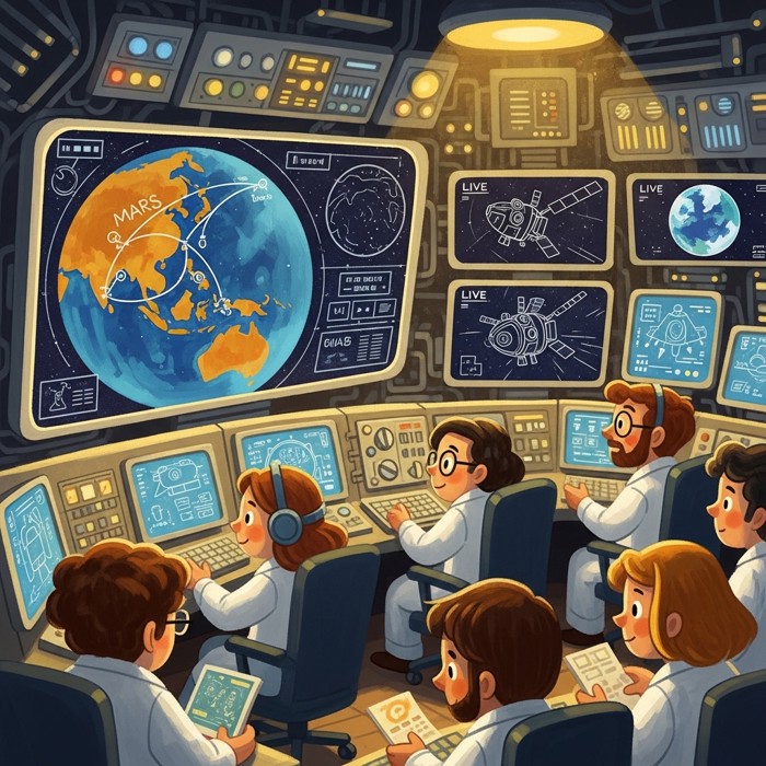 A bustling mission control room filled with scientists and engineers watching live feeds of a crewed spacecraft leaving Earth's orbit, a detailed map of the Mars trajectory glowing on the main screen
