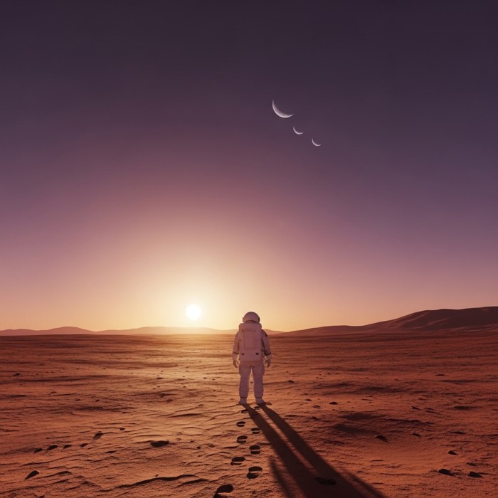 An astronaut in a white spacesuit standing alone on the Martian surface at sunset, gazing up at two small moons rising above the horizon as the sky fades from dusty pink to deep violet, footprints trailing behind in the red soil