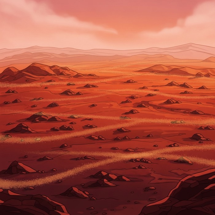 A sweeping aerial view of the Martian landscape bathed in deep crimson and burnt orange tones, fine rust-coloured dust swirling in thin wisps across a barren rocky plain under a hazy pink sky