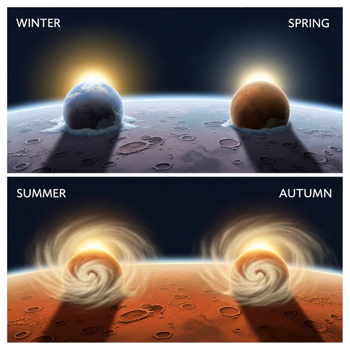 A split-panel illustration of Mars through its four seasons — frost-dusted polar caps expanding and shrinking, dust storms sweeping reddish plains, and sunlight shifting across the cratered terrain over two Earth-years