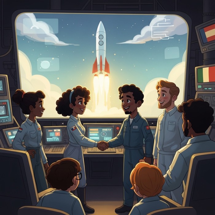Diverse mission control engineers from different countries shake hands and smile together in front of a large screen showing a successful launch