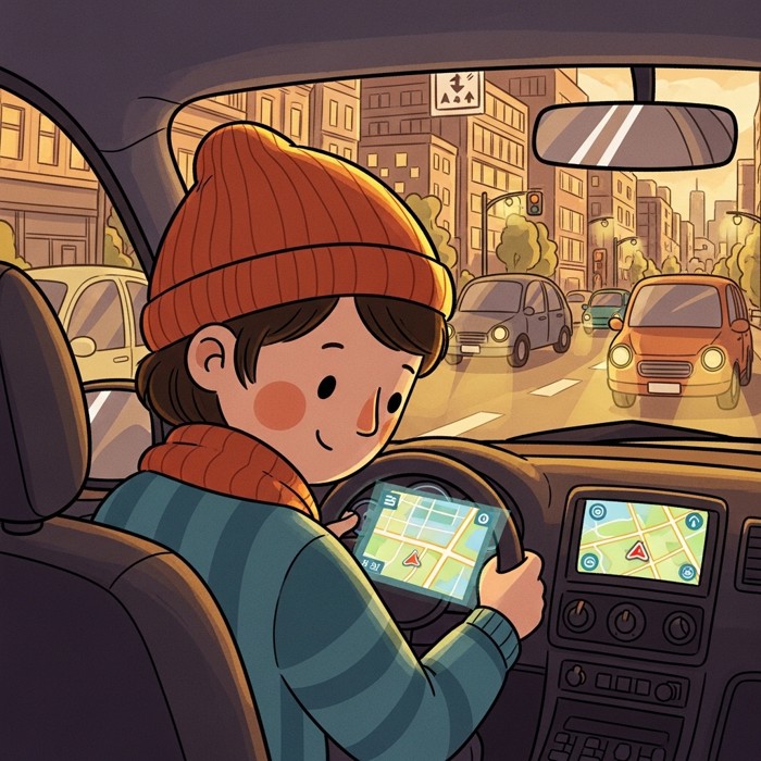 A driver inside a car glances at a glowing GPS map on the dashboard screen while navigating through busy city streets at dusk