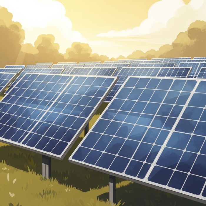 Rows of gleaming solar panels stretch across a sunlit field, their dark blue cells absorbing bright sunlight to generate steady electricity
