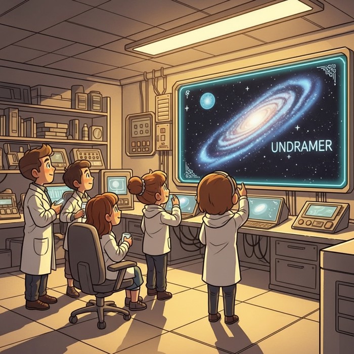 A group of young researchers in a futuristic lab looking hopefully toward a giant screen displaying an unexplored, unnamed galaxy far in the distance