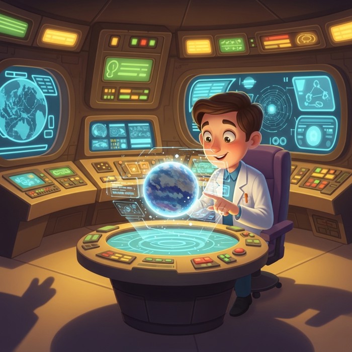 A scientist in a control room studying a glowing holographic model of a distant planet, searching the data for signs it could support life