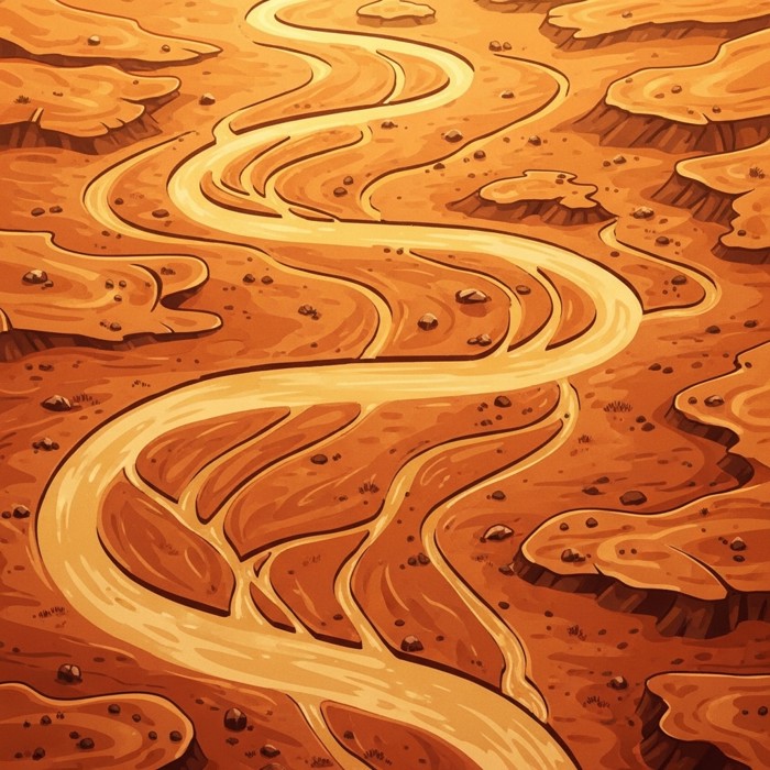 A close-up aerial view of dry, winding riverbed channels carved into the rust-colored Martian surface, hinting at water that once flowed there