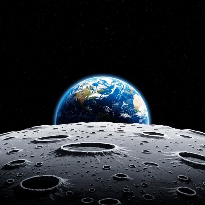 The iconic Earthrise photograph — a fragile blue Earth rising above the grey lunar surface, set against the vast blackness of space
