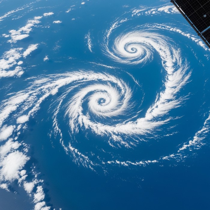 Sweeping white spiral cloud formations drifting across a deep blue ocean as seen from an orbiting spacecraft