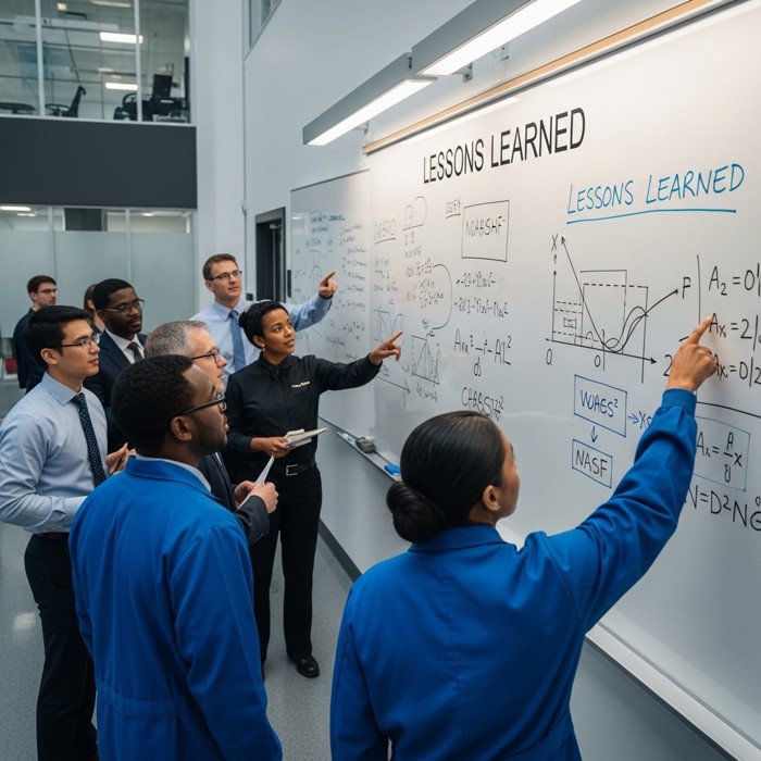 A group of diverse engineers and scientists gathered around a large whiteboard covered in equations and diagrams, pointing and discussing lessons learned in a modern NASA facility