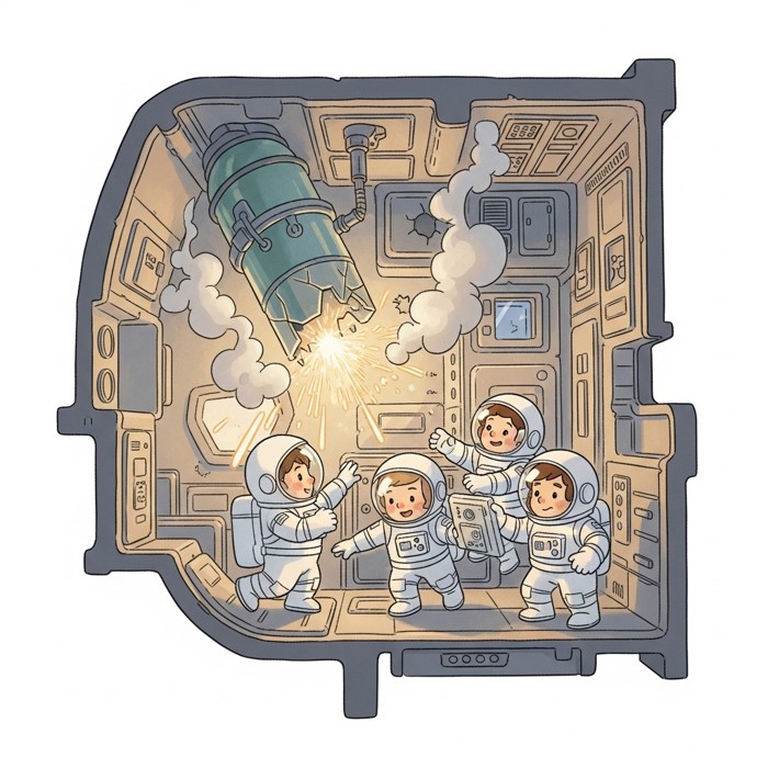 A cutaway illustration of a spacecraft interior showing sparks and smoke coming from a broken oxygen tank, while three astronauts in white suits reach for emergency equipment
