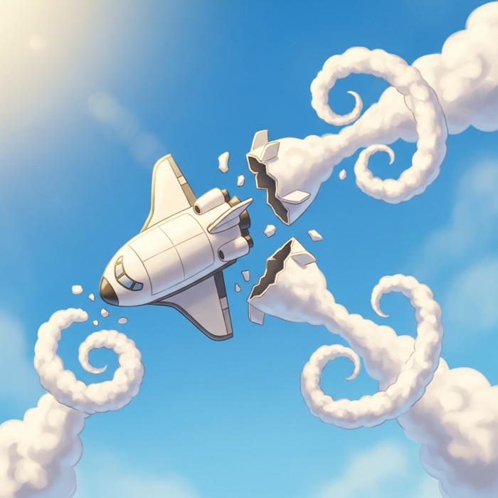 A vivid archival-style illustration of a white space shuttle breaking apart in a bright blue sky, leaving twin trails of white smoke curling outward against the clear atmosphere
