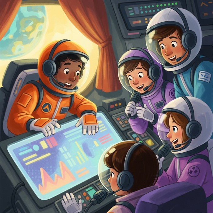 A crew of astronauts speaking urgently through headset microphones around a shared display screen, exchanging quick decisions during a simulated crisis scenario