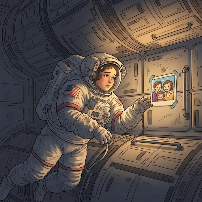 An astronaut floating alone in a quiet corner of the space station, gazing at a small photo of family taped to the wall, expression tinged with longing