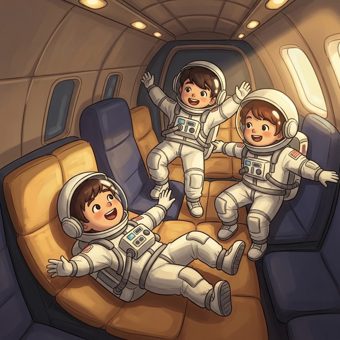 Astronaut trainees floating freely inside a padded zero-gravity aircraft cabin during a parabolic flight, learning to control their movements without gravity
