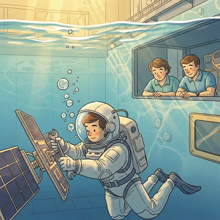 An astronaut trainee slowly manipulating a wrench on a mock satellite panel underwater, weighted suit and bubbles rising as instructors observe through the pool's glass wall