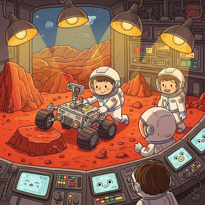 Engineers in a simulated Mars testing facility, running a prototype rover and spacesuit over red rocky terrain under bright lamps designed to mimic the harsh Martian environment.