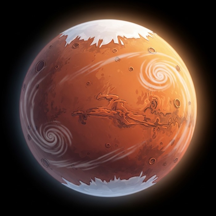 A detailed illustration of Mars showing white polar ice caps capping its rust-red poles, with faint seasonal dust storms swirling across the dry, cratered surface.