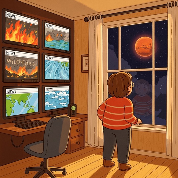 A worried person standing before a wall of news screens showing wildfires and floods on Earth, then turning to gaze out a window at Mars glowing faintly in the night sky.
