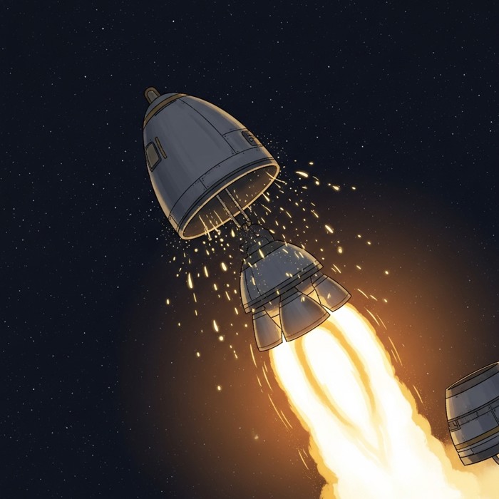 A dramatic scene of a spent rocket stage tumbling away into the dark sky in a shower of sparks, just as the next stage's engine bursts into a brilliant flash of flame.
