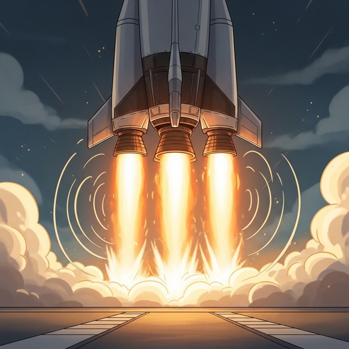 A dramatic close-up of a rocket's base as its engines ignite, releasing a violent burst of orange flame and rippling shockwaves that lift the massive vehicle off the launch pad.