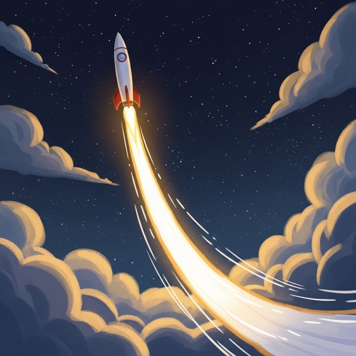 A rocket streaking upward through a darkening sky, its bright exhaust trail growing thinner and its path curving faster as it sheds weight and gains speed.