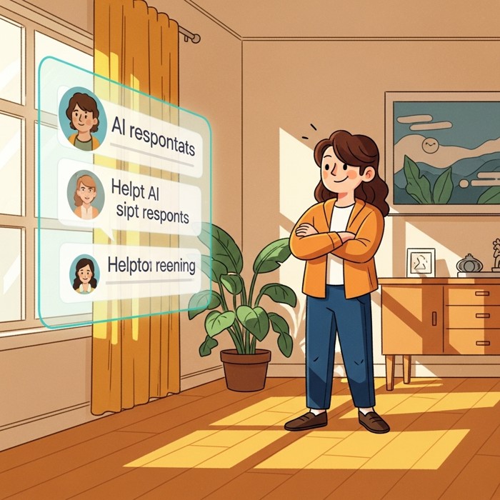 A confident person standing in front of a large glowing screen filled with helpful AI responses, arms crossed, smiling with satisfaction in a bright modern room.