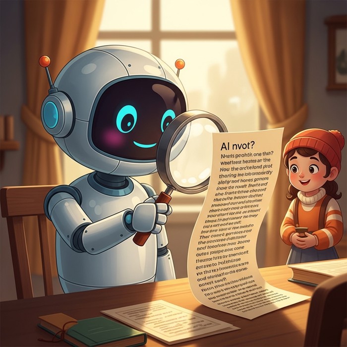 A cartoon AI robot with a friendly smile holding a magnifying glass, looking at a long, detailed question written on a piece of paper.