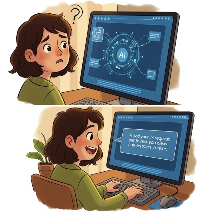 A person looking confused at a complicated AI response, then smiling after typing a follow-up request and receiving a short, clear explanation.