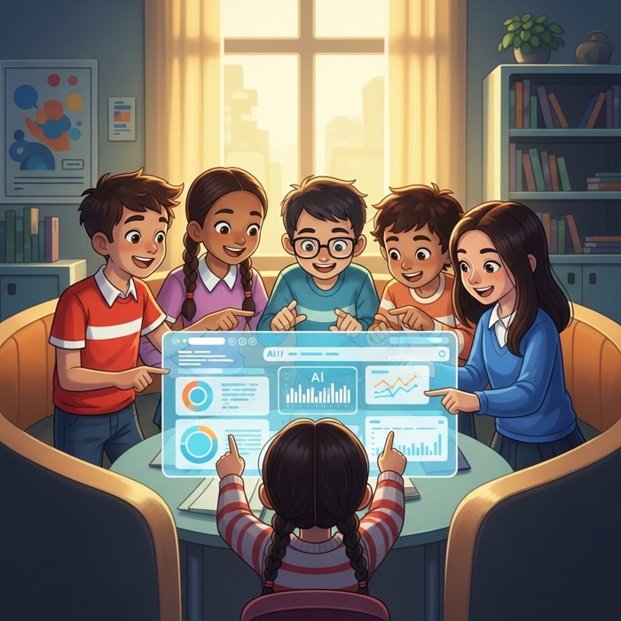 A happy diverse group of students gathered around a large glowing screen showing an AI interface, smiling and pointing at colorful charts and explanations, bright modern classroom.