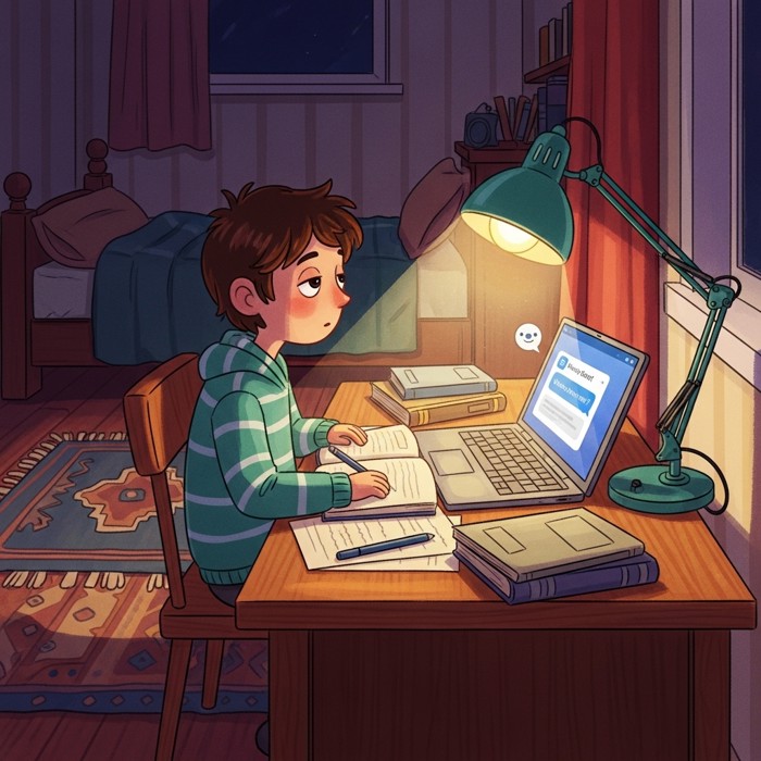 A tired student studying alone at a desk late at night, with a bright chatbot window open on the laptop screen providing a helpful answer, cozy bedroom setting with a lamp.