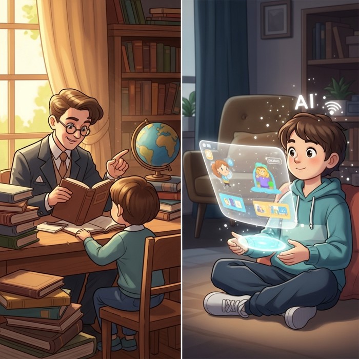 A split illustration showing an old-fashioned scene with a private tutor and student on one side, and a modern student with a glowing AI screen on the other side, warm tones.