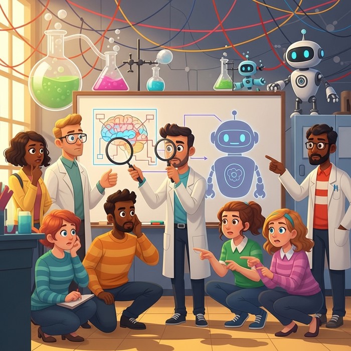 A group of thoughtful scientists standing around a whiteboard with a glowing brain diagram and a robot silhouette, serious and curious mood, modern lab setting.