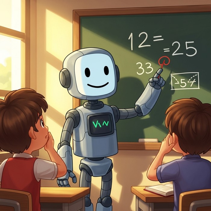A robot pointing at a correct math answer on a board, looking confident but blank-faced, while a curious student beside it scratches their head in thought.