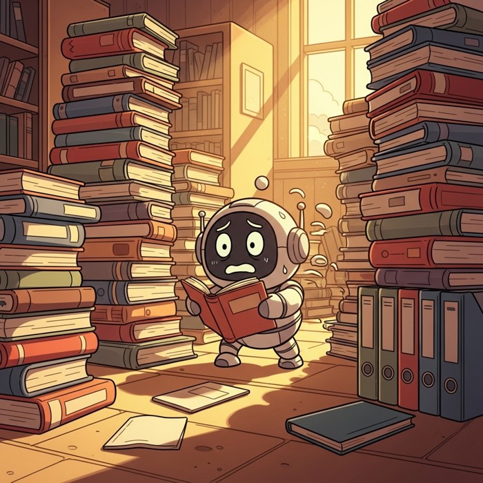 A small robot surrounded by towering stacks of books and files, reading rapidly, warm library setting, slightly overwhelmed expression.