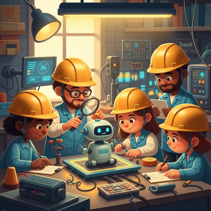 A team of diverse cartoon engineers in safety helmets carefully examining a robot on a testing platform with checklists and magnifying glasses, in a bright modern tech lab.