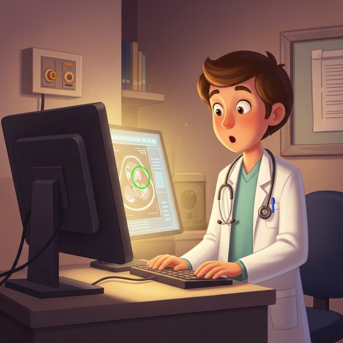 A glowing computer screen in a hospital room displaying a medical scan with a highlighted area circled in green, while a surprised doctor in a white coat looks on, in a clean and clinical setting.