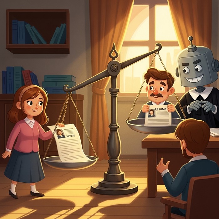 A cartoon scale tipping unfairly to one side, with a woman's resume on the lighter side and a man's resume on the heavier side, in a simple office setting with a frowning robot judge nearby.